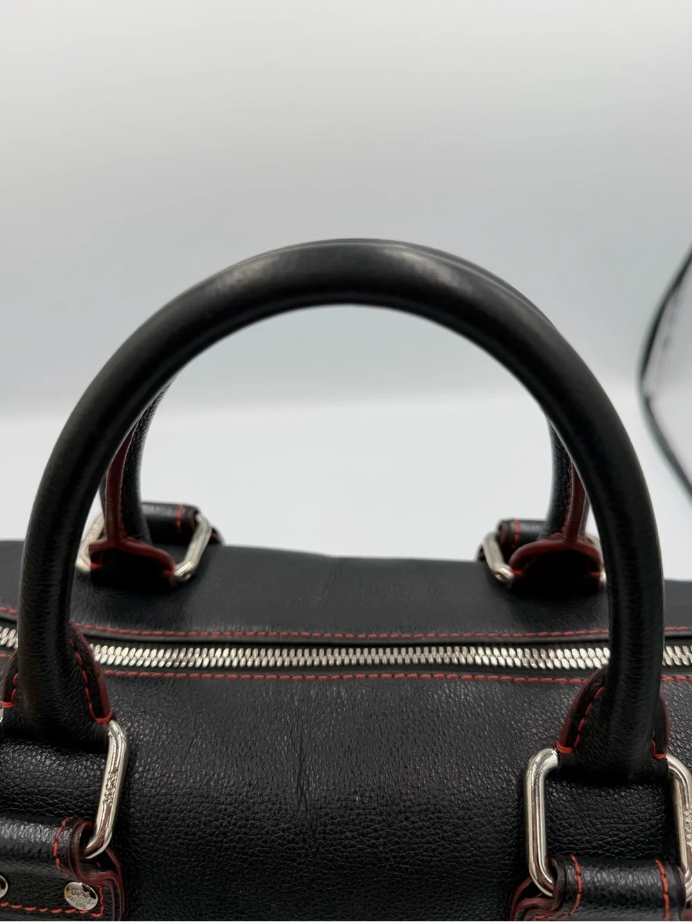 MCM Black Leather Boston Bag with Red Stitching (Pre Owned)